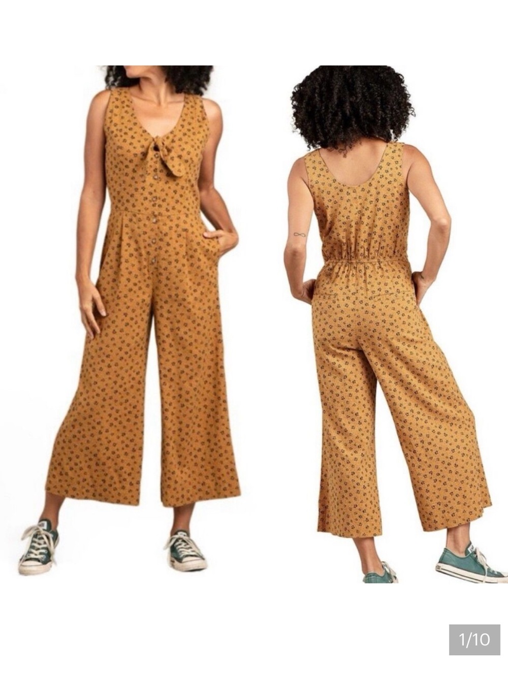 Toad&Co Mustard Floral Tie-Front Wide-Leg Jumpsuit